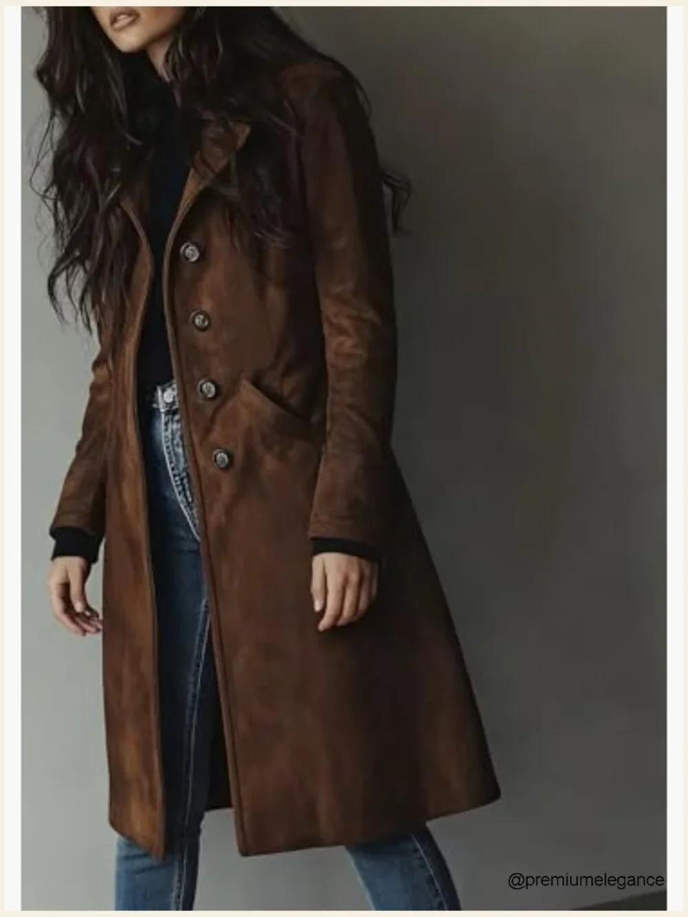 Long Suede Trench Coat Single Breasted Faux Leather Overcoat with Pockets - Picture 3 of 7